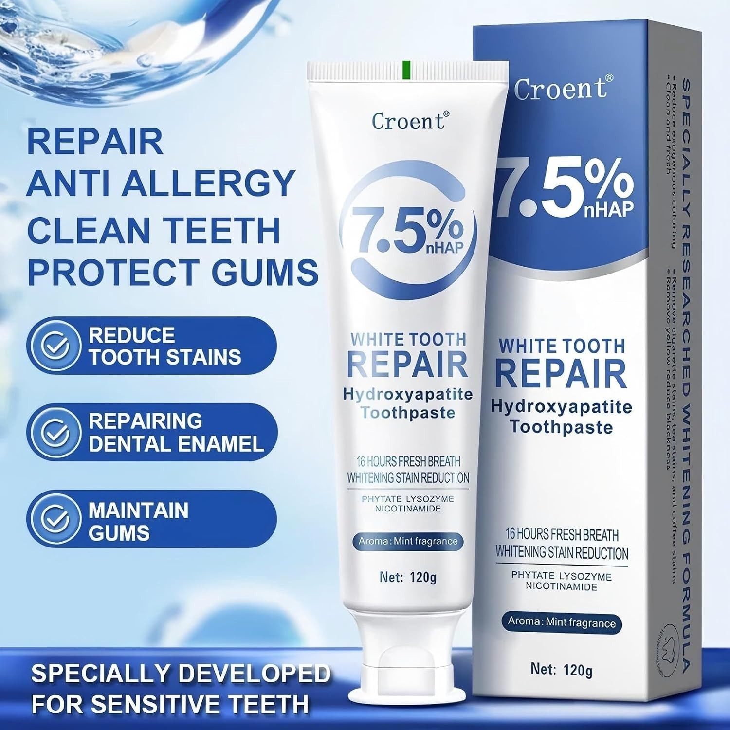 Hydroxyapatite Enamel Protection Toothpaste - 7.5%, Natural Mint Flavor, 2 Pack