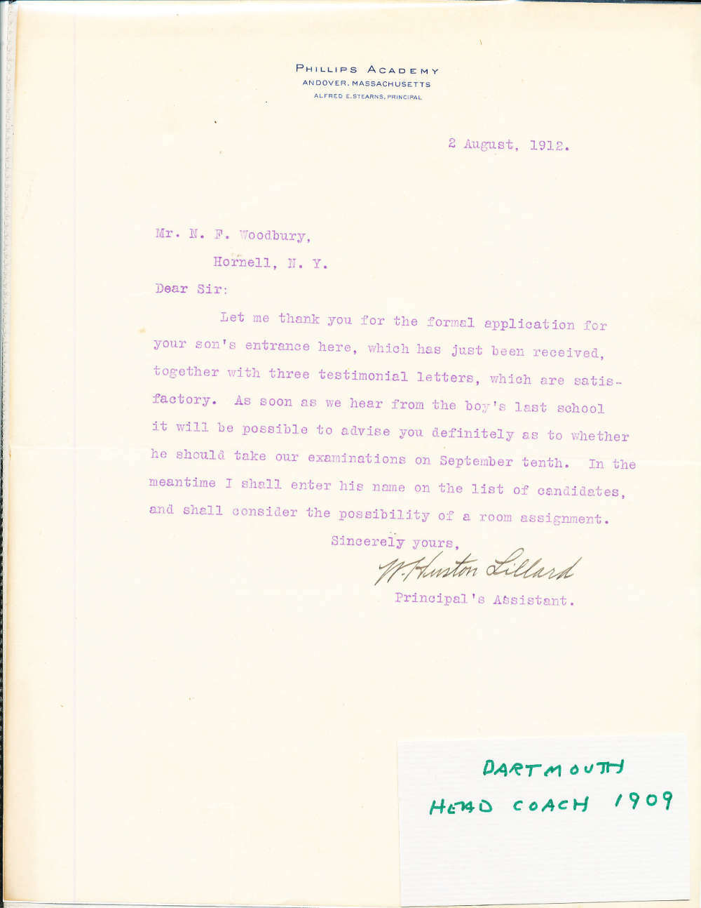 1909 Walter Huston Lillard Dartmouth Coach signed Letter