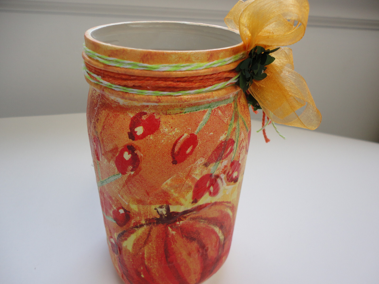 Decoupage Quart Mason Jar, Autumn Leaves or Harvest TIme ( Handmade)
