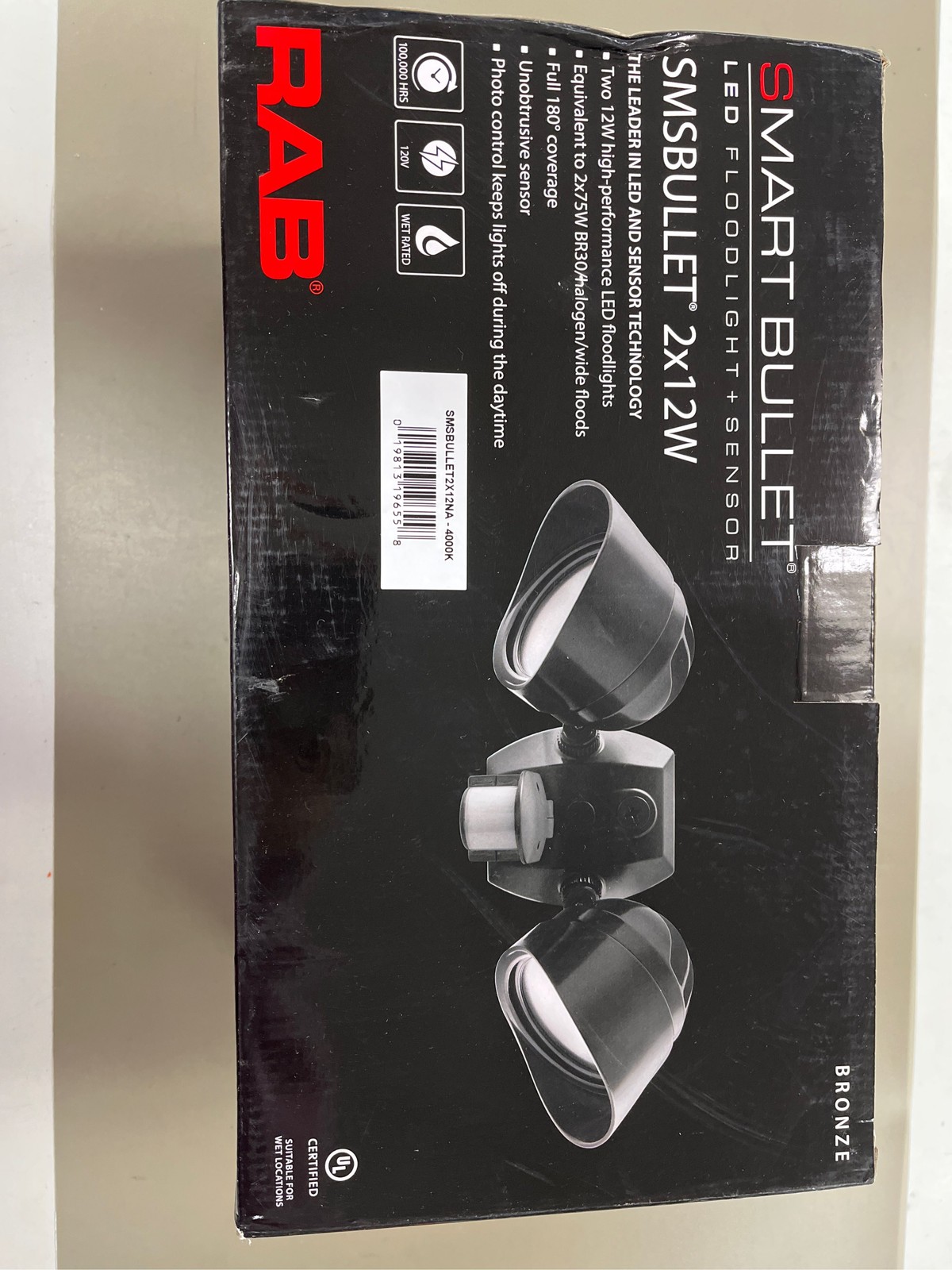 RAB Lighting Smsbullet2X12Na Two Adjustable 12W LED Floodlights, Bronze, Hardwir