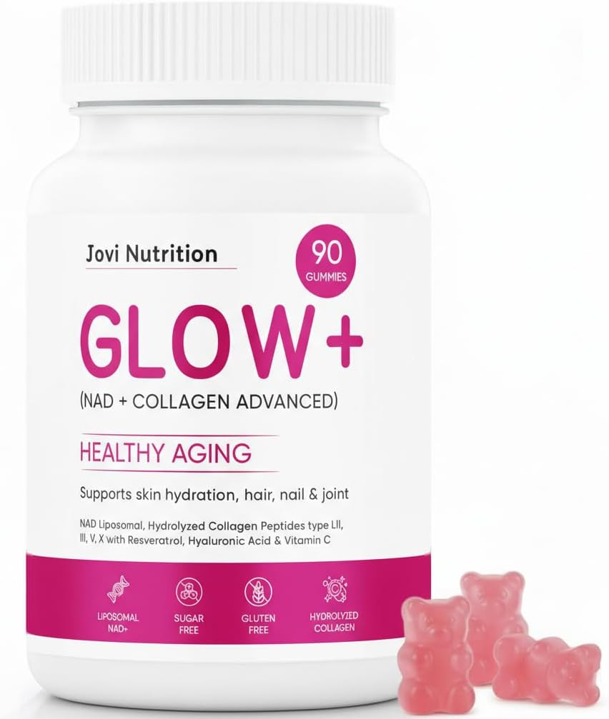 Jovi Glow+ NAD+ & Collagen Gummies, Multi-Type Hydrolyzed Collagen Peptides, Res