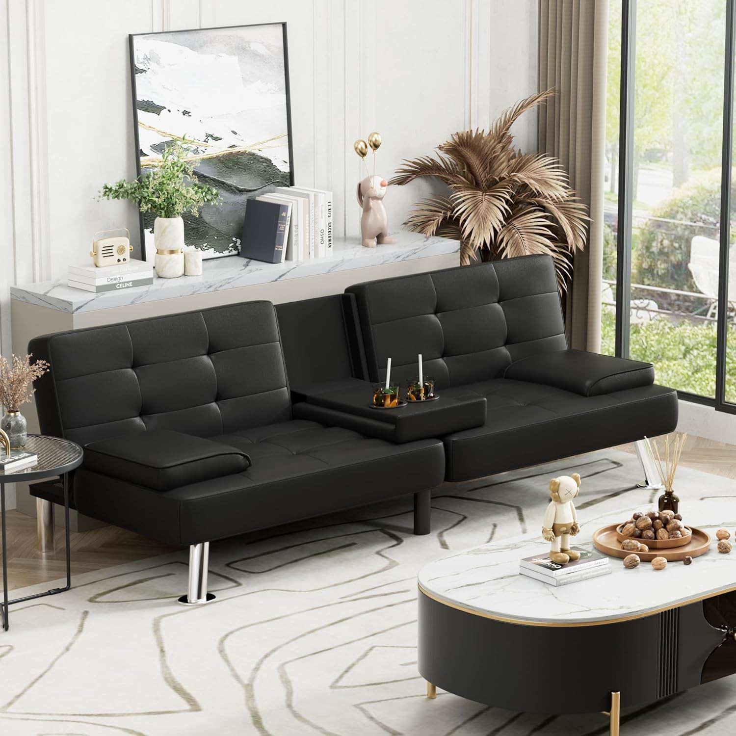Faux Leather Sofa Bed Convertible Futon Sofa with 2 Throw Pillows Cup Holders