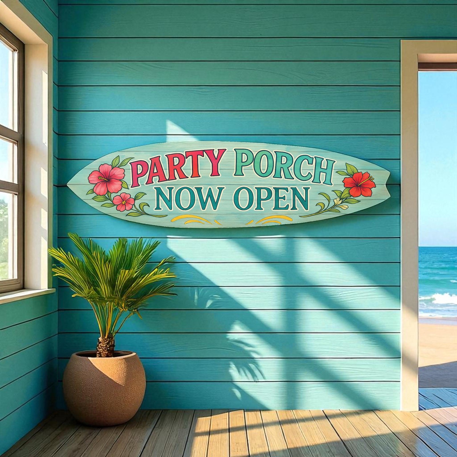 Party Porch Now Open Surfboard Sign, Coastal Porch Decor, Beach House Sign
