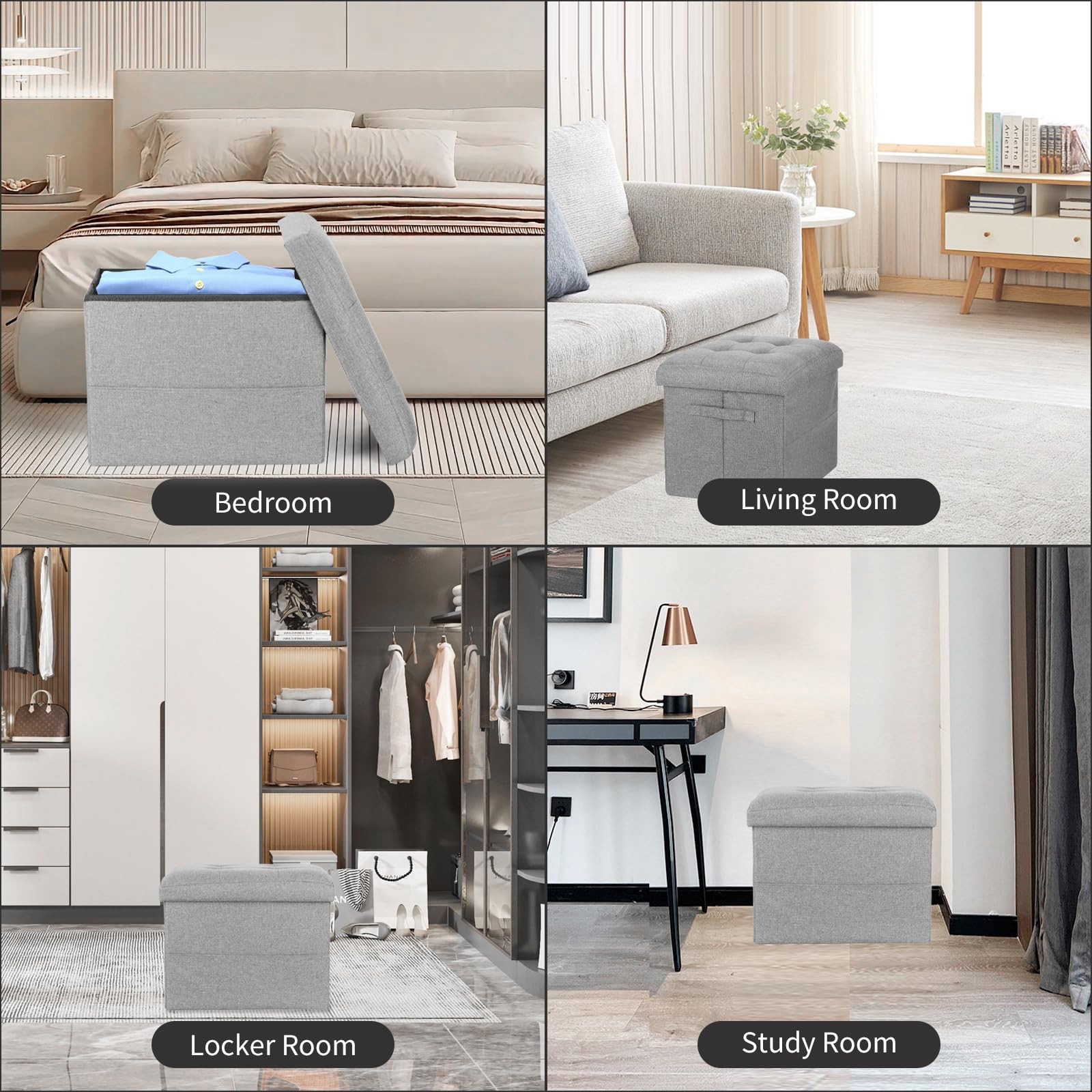 Folding Storage Ottoman, Linen Footstool Bench with Thicker Foam Padded Seat....