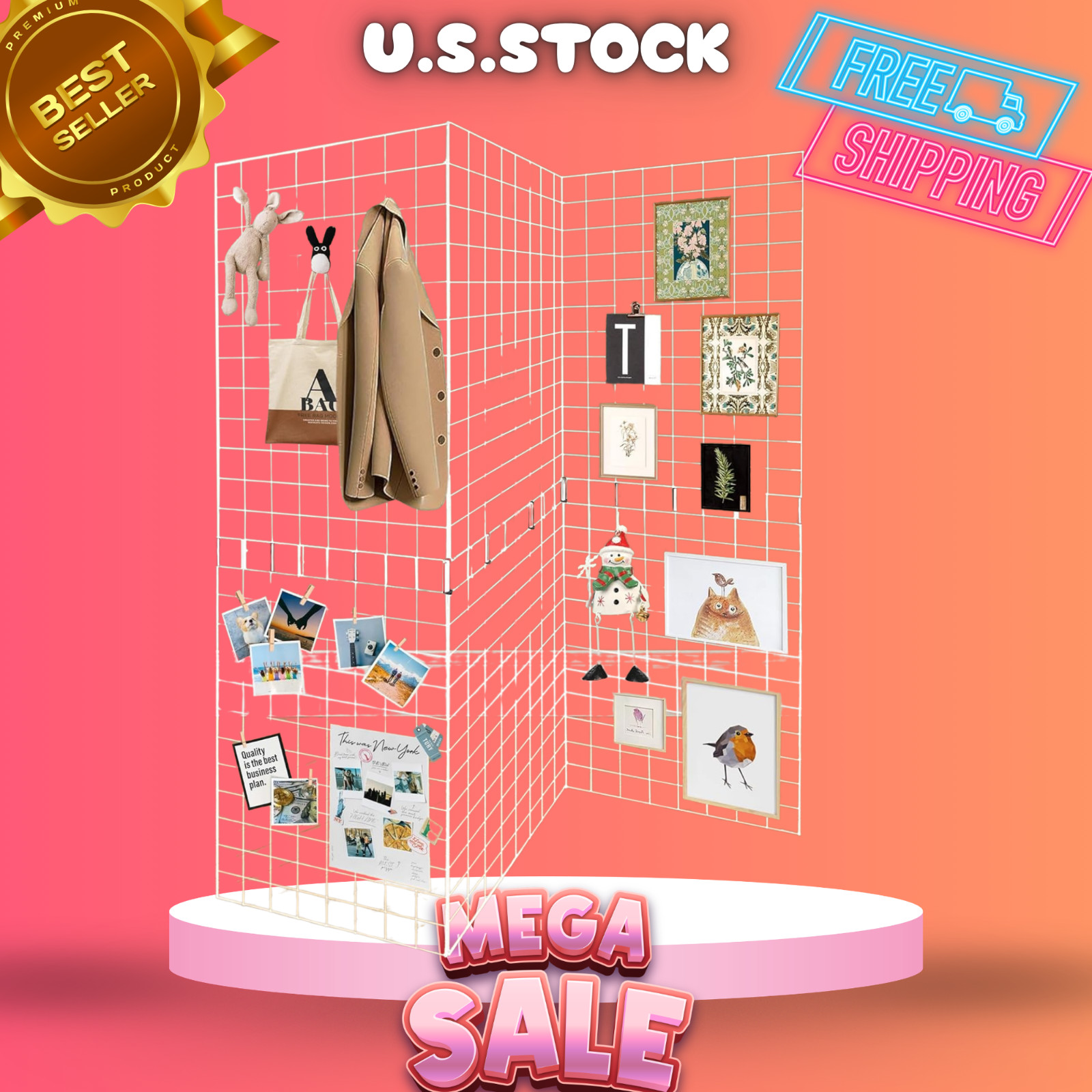 NEW Grid Wall Panels 3 Pcs Metal Grid Wall Panel Display Stand 2x6 White
