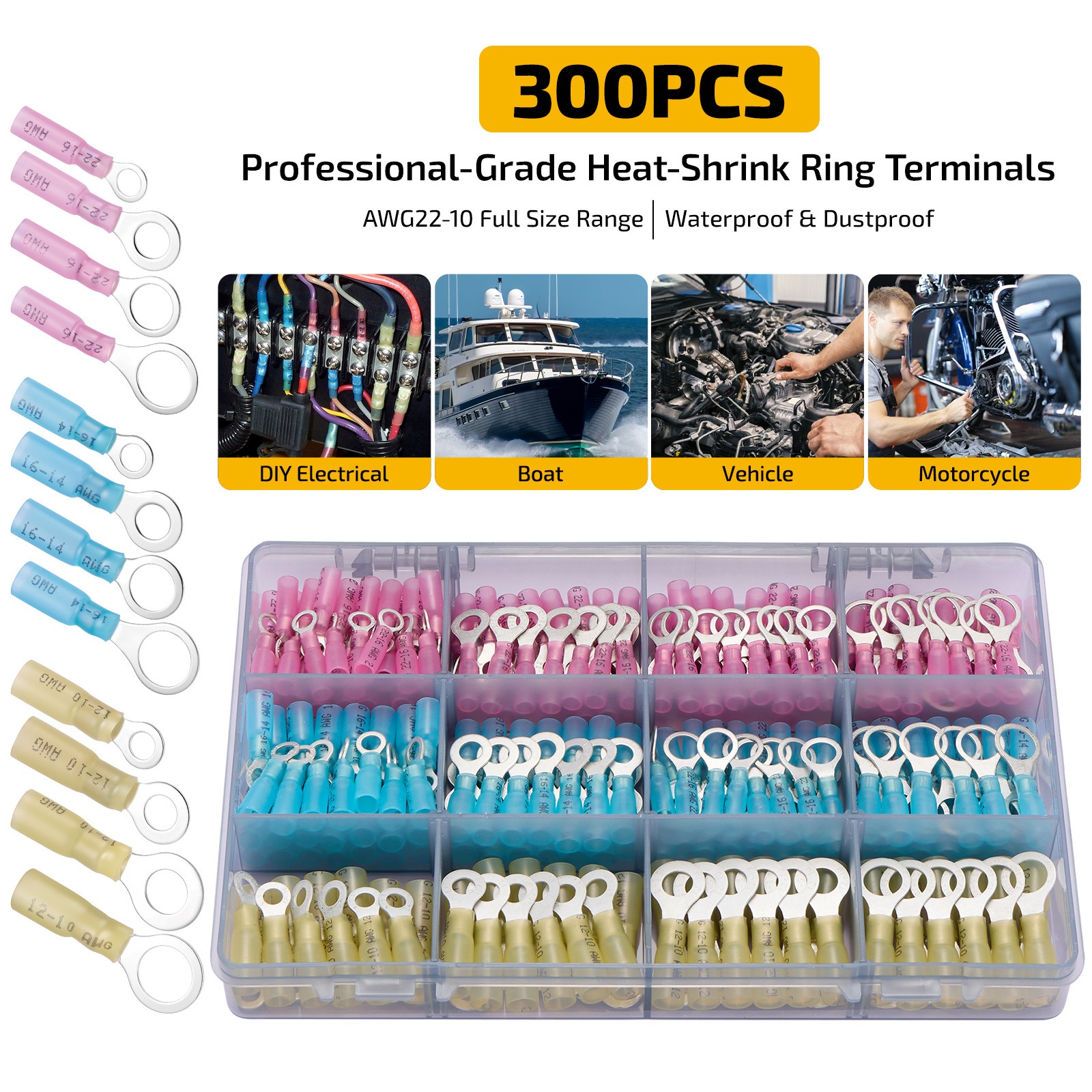300PCS Heat Shrink Ring Connectors #10 1/4" 5/16" 3/8" Red Copper Waterproof