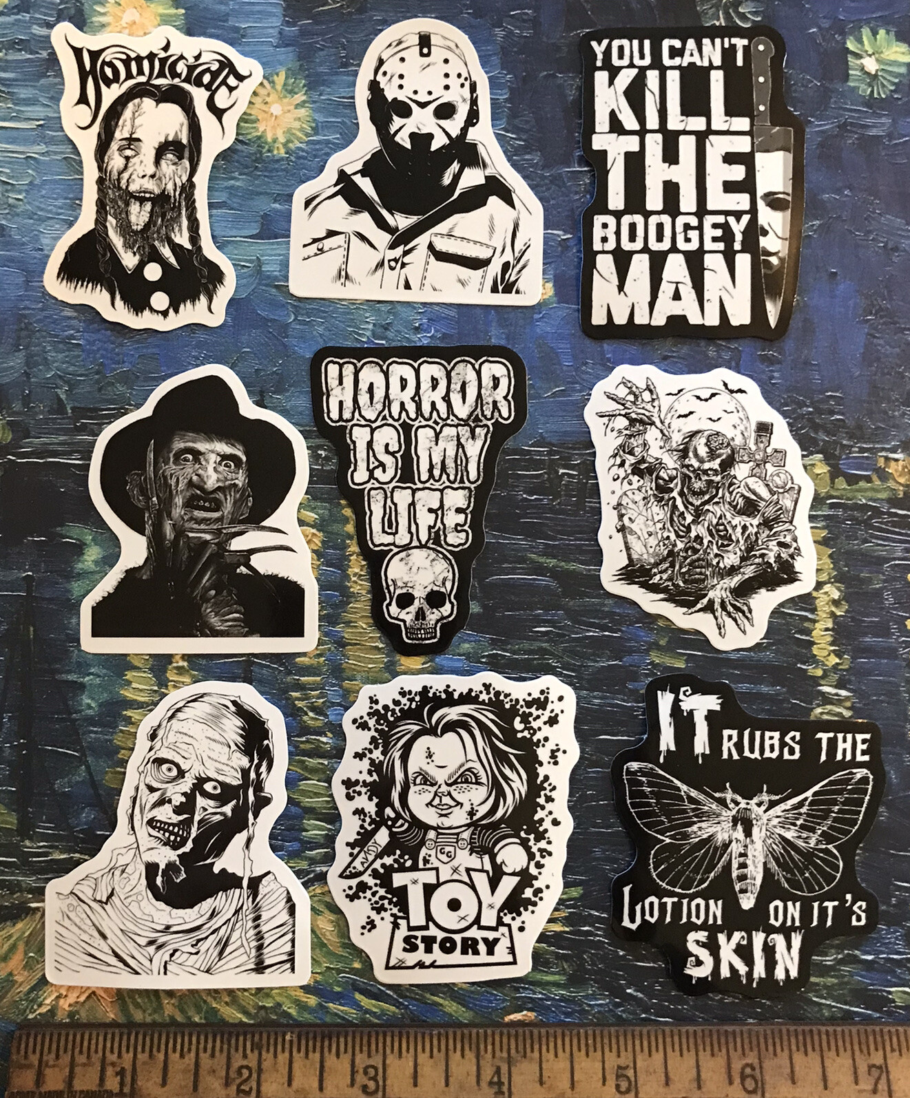 MIKE MYERS? ADDAMS FAM? FREDDY CHUCKY.. HORROR MOVIE FAN STICKER LOT STICKERS S8