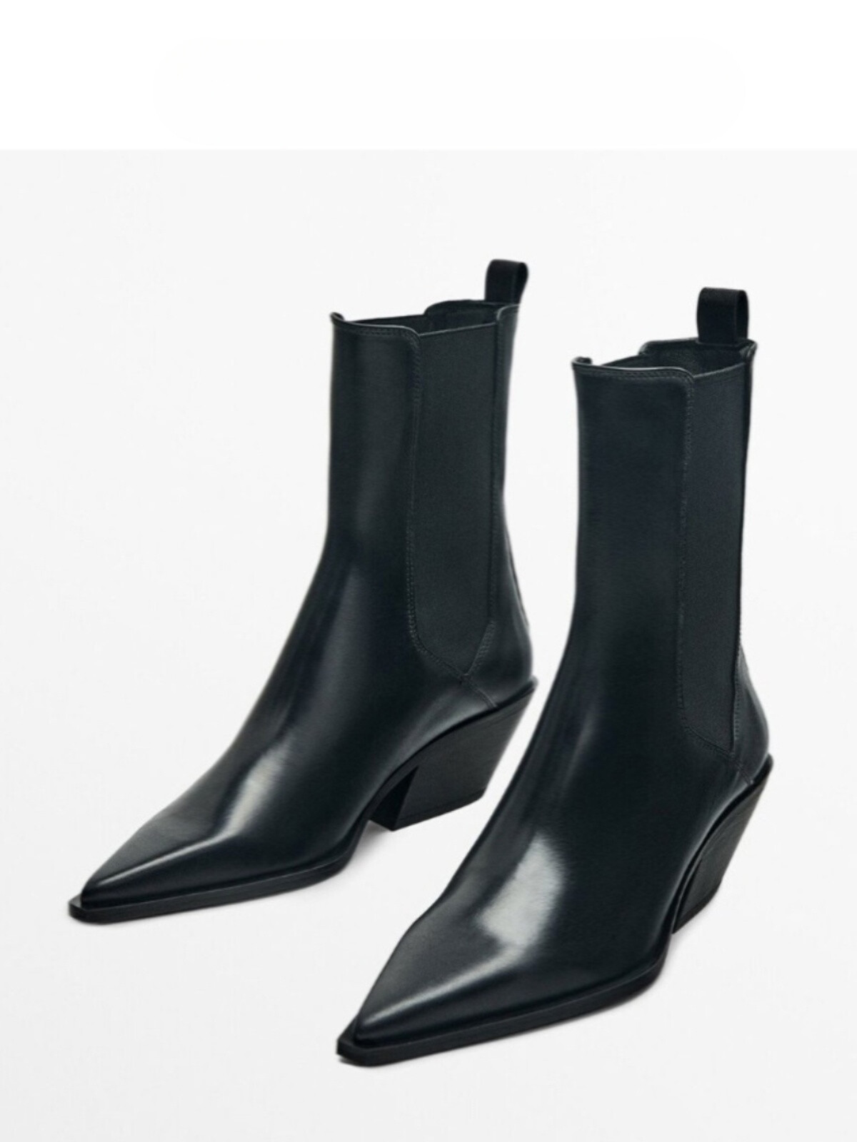 Massimo Dutti Women's Black Pointed Leather  High Heels Chelsea Ankle Boots