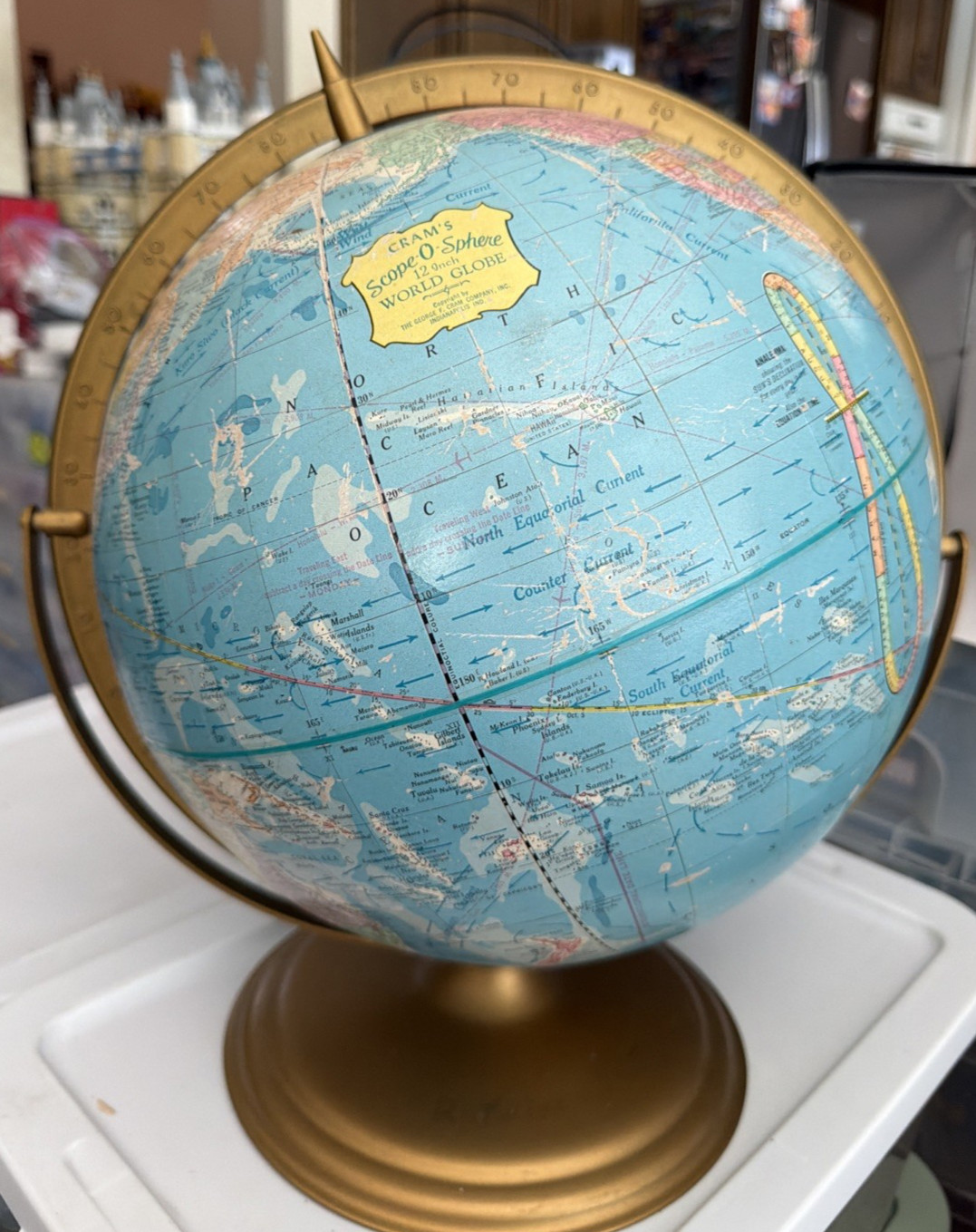 Cram's 12" Scope-O-Sphere World Blue Globe Geography Map Metal Base Vtg 1969 EUC