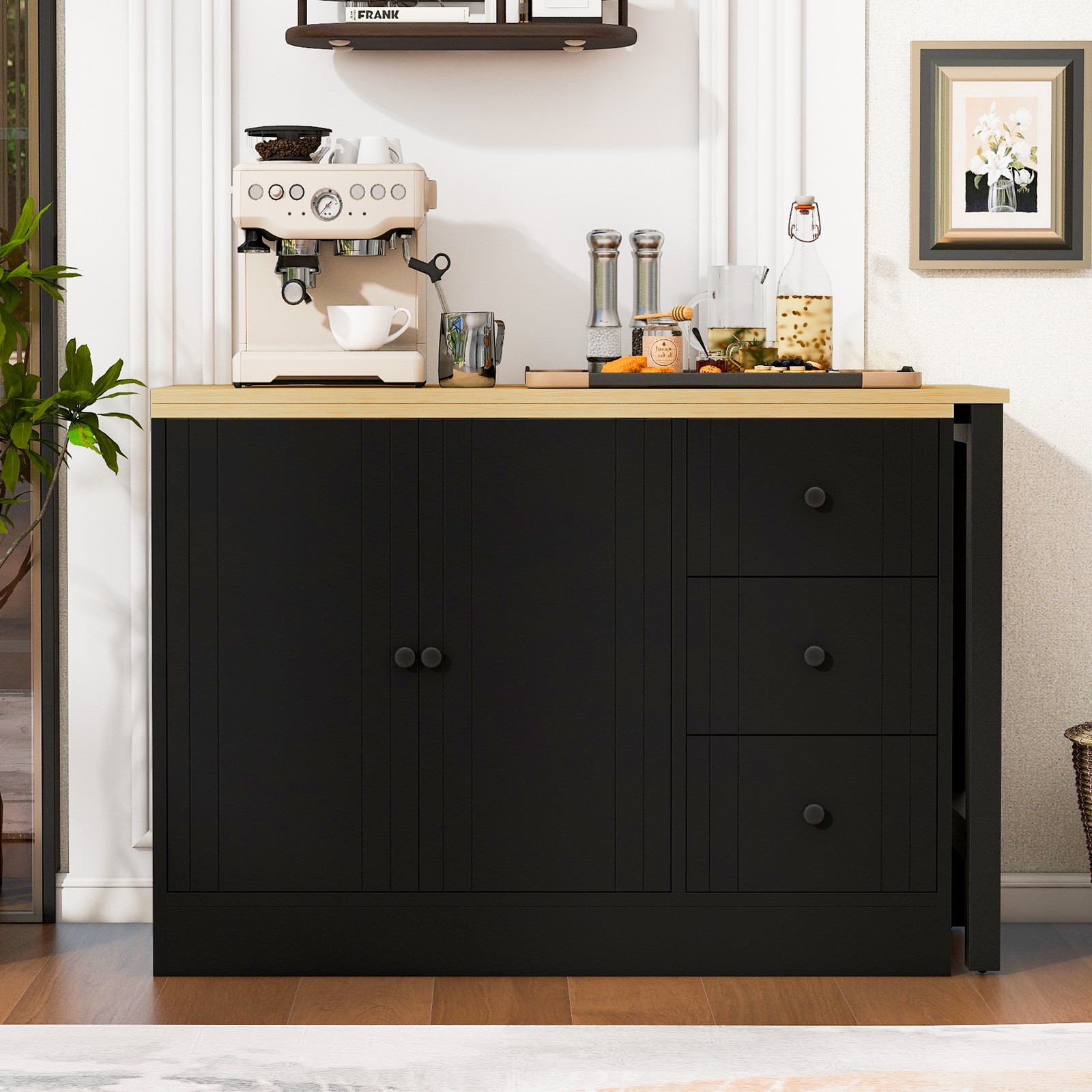 89.7''Wooden Sideboard with Extendable Table,Multifunctional Storage Cabinet*