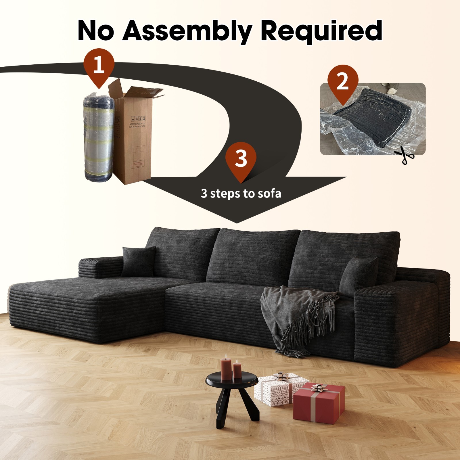 107" L Shaped Sectional Couch Corduroy Boneless Sofa Left Chaise for Living Room