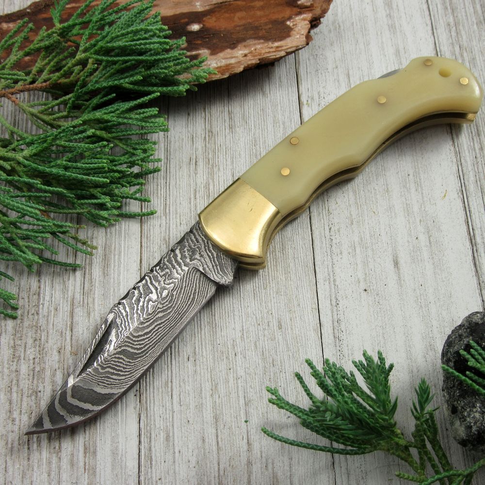 FOLDING POCKET KNIFE | Damascus Steel Blade Filework Spine Bone Handle Lockback