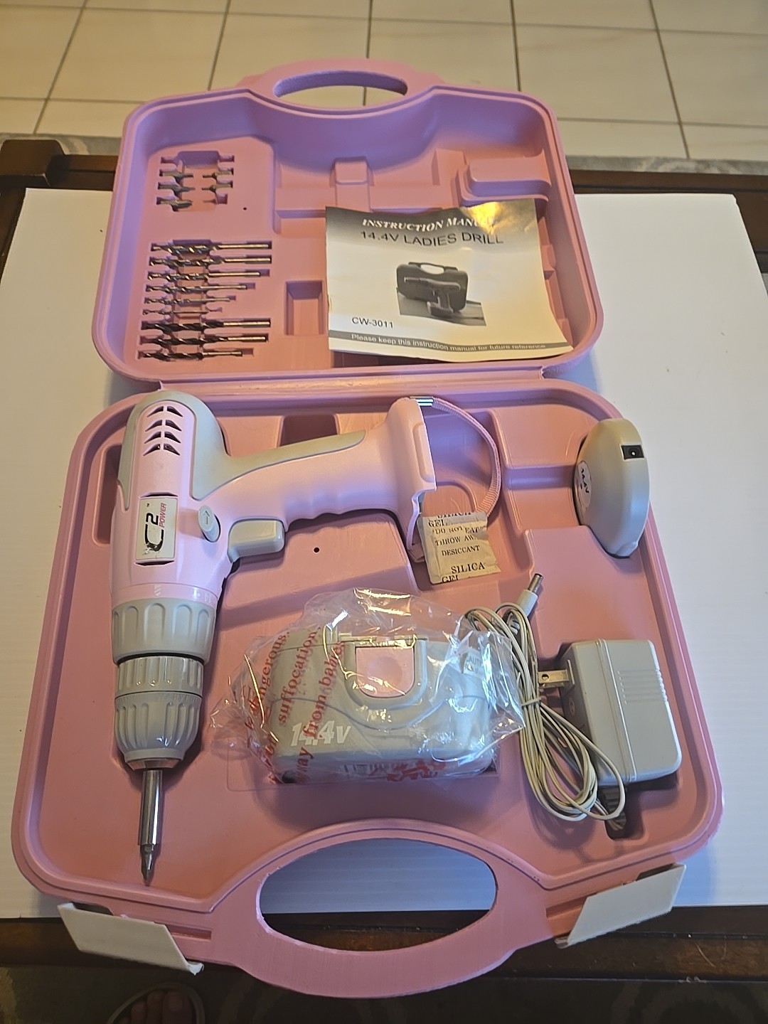 Cordless Drill Set, 14.4V Pink Power Ladies Drill Set, 1 Battery & Charger, Case