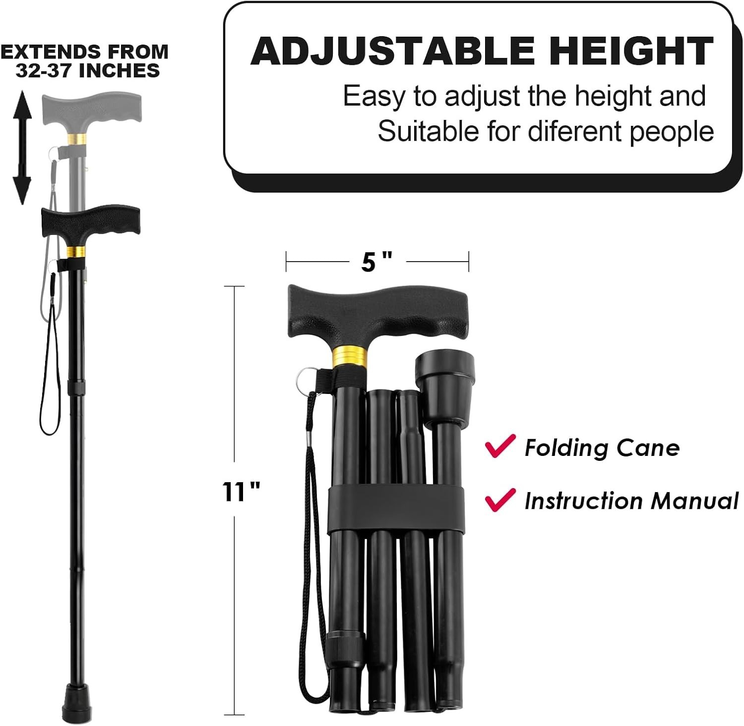 Folding Cane, 5-Level Adjustable Height Walking, Lightweight Collapsible