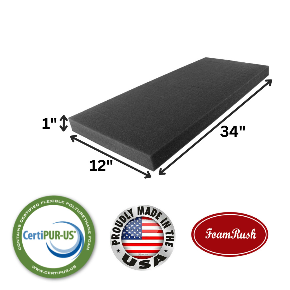 FoamRush 12"x 34" Charcoal High Density Upholstery Foam Seat Cushion Made in USA