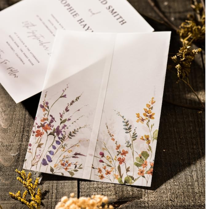 50 Pack Wildflower Printed Pre-Folded Vellum Jackets for 5x7 Invitations - 11...