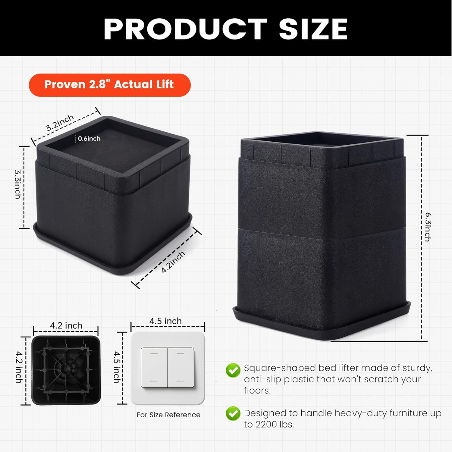 Bed Risers 3 or 6 Inch Heavy Duty Stackable Furniture Risers for College Dorm B