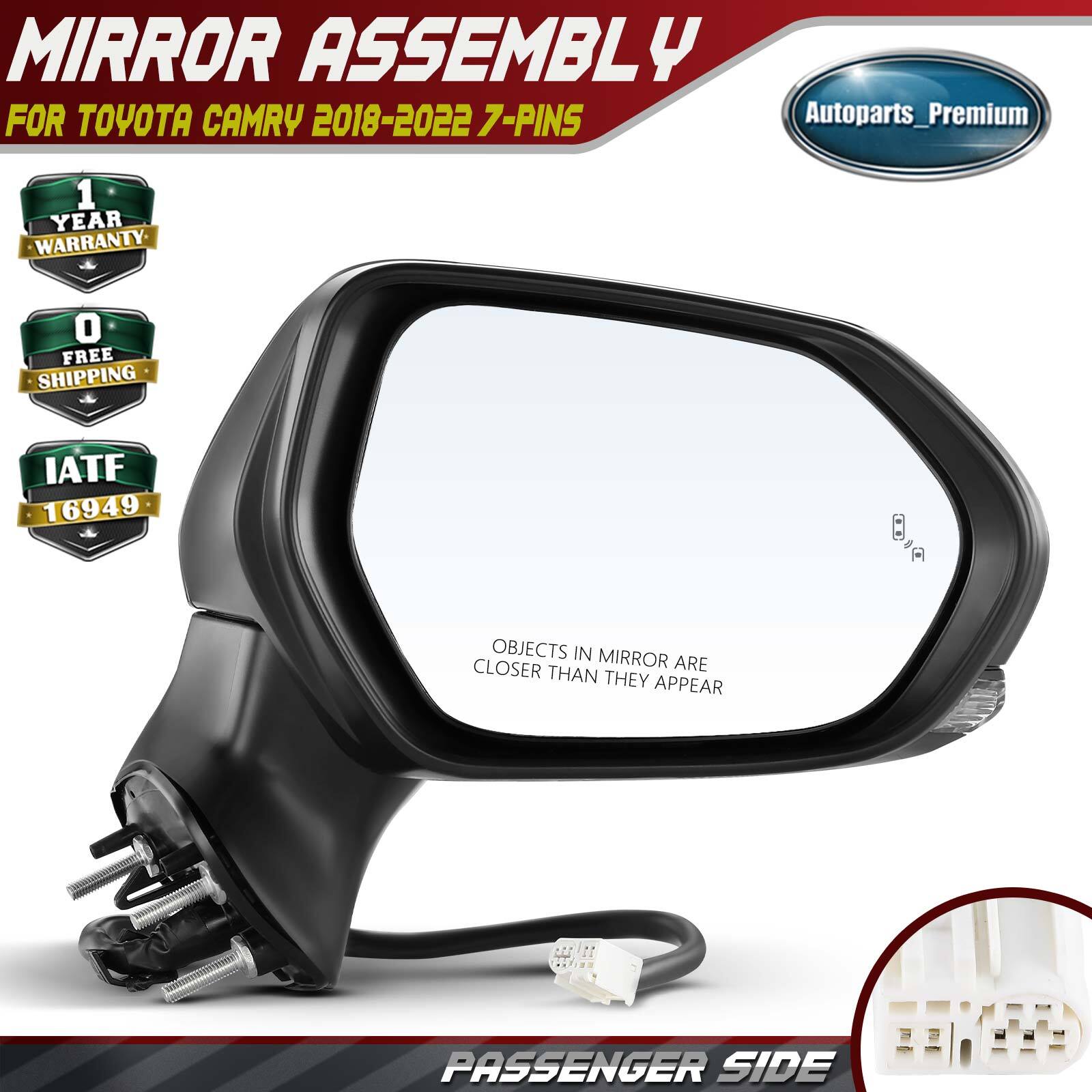 Passenger Power Mirror Heated & Blind Spot & Signal for Toyota Camry 18-24 Black