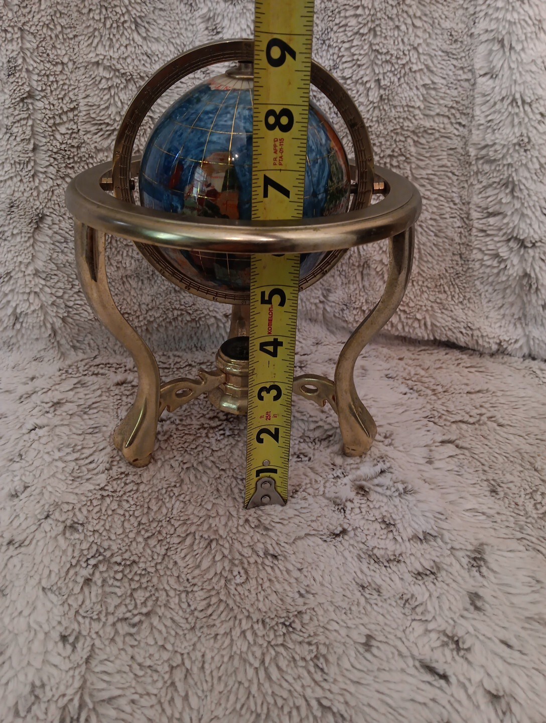Gemstone Inlay Tabletop World Globe With Brass Frame & Compass 9" Tall