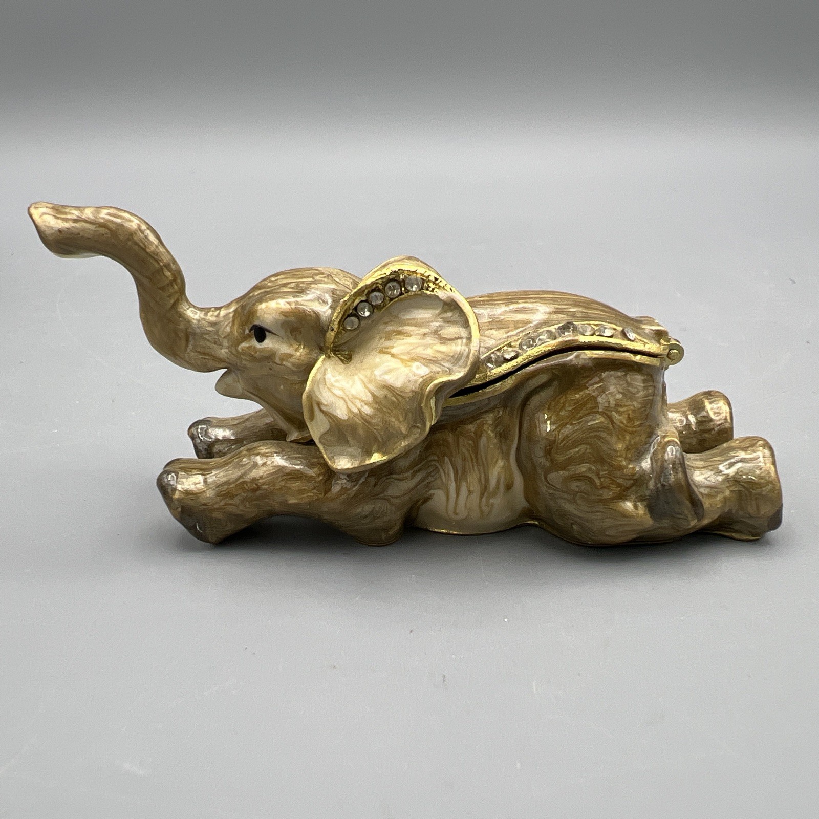 Elephant Enamel Metal Trinket Box Gold Trim Rhinestones Trunk Up Approx 3.5”L