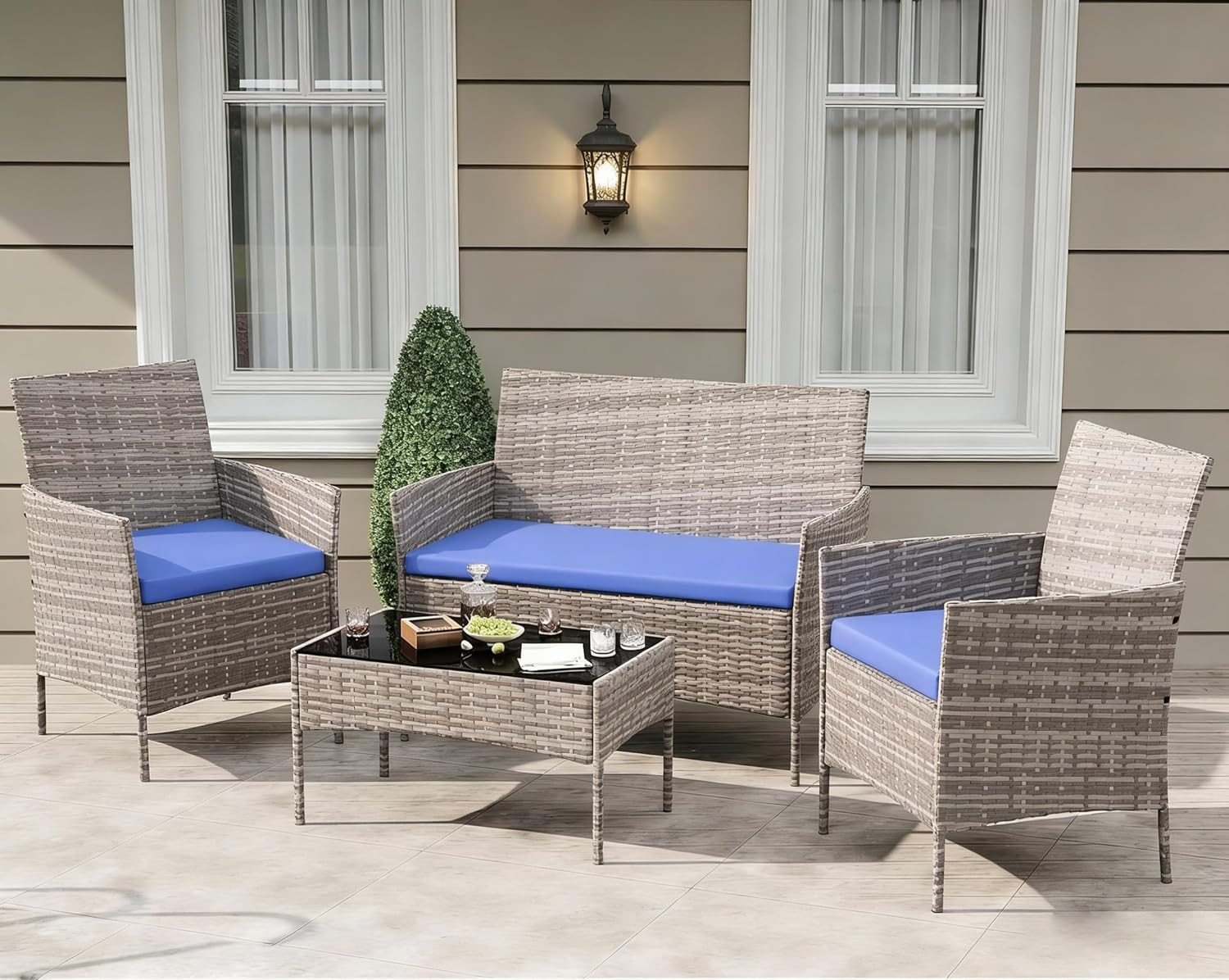4-Piece Patio Furniture Set, Rattan Outdoor Furniture with Upholstered Sofa, 2 C