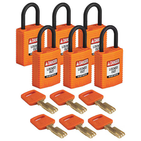 Brady Cpt-Org-25Pl-Kd6pk Lockout Padlock, Keyed Different, Nylon, Orange, 1 In