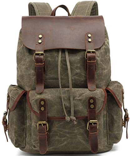 Vintage Waxed Canvas Backpack with Genuine Leather Flap, X-Large Army Green