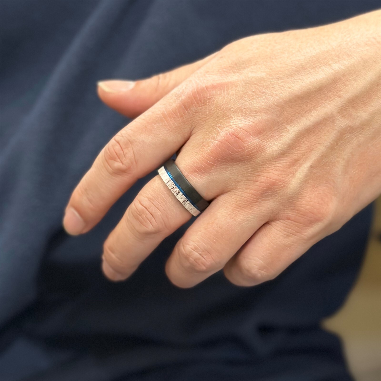 Black Tungsten Carbide Men's Ring Deer Antler w/ Blue Stripe Wedding Band