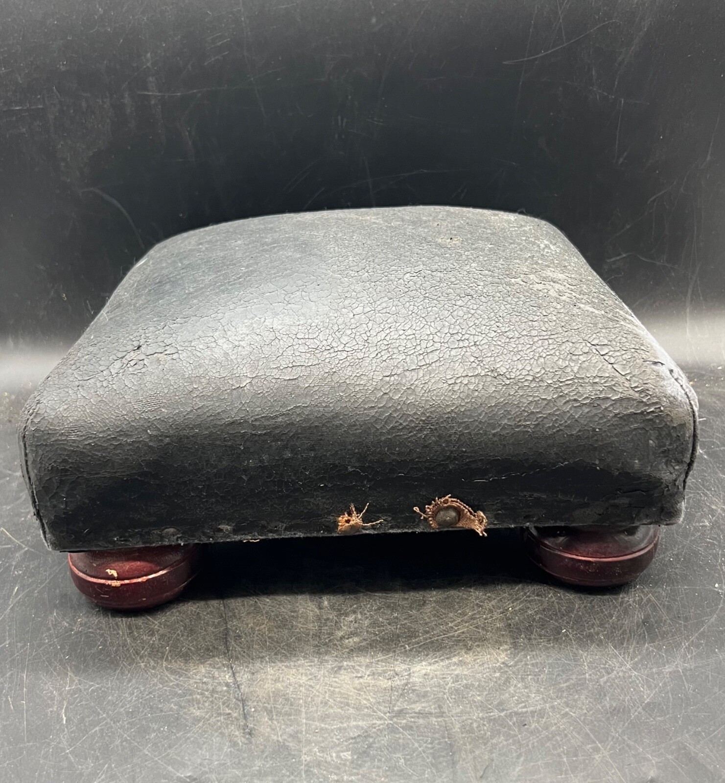 Vintage Antique 1930's Foot Stool Ottoman Rest Bubble Legs Black Faux Leather