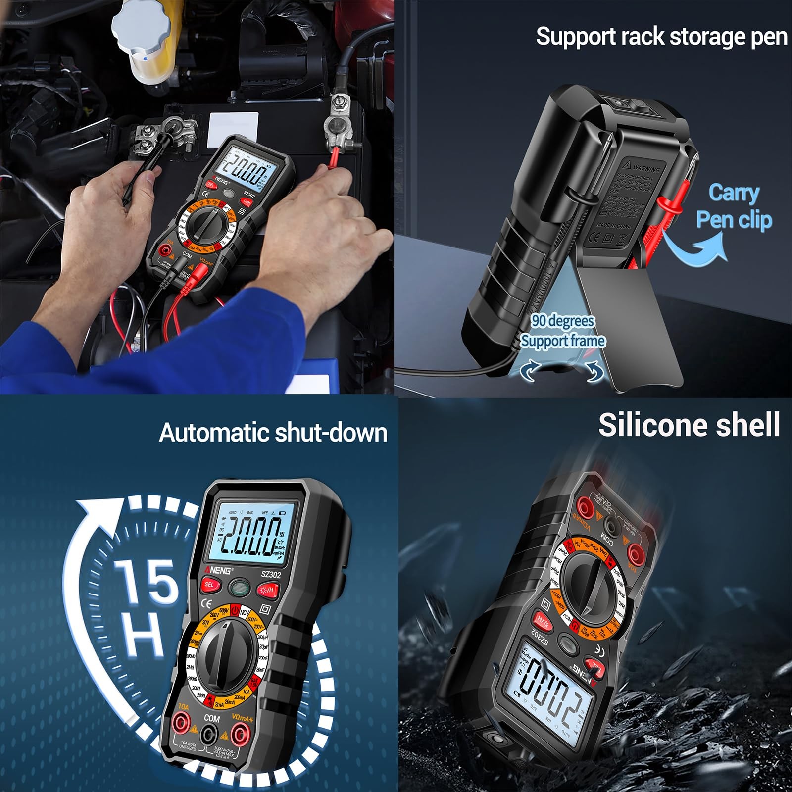 ANENG Multimeter with Backlit LCD,Ohm SZ302 Black(Backlit Screen NCV)