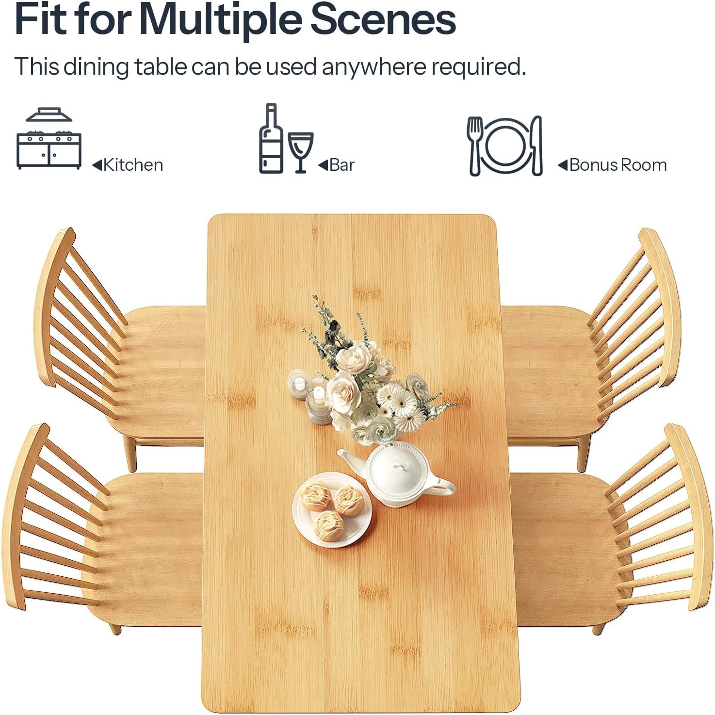 Dining Table Bamboo Rectangle Kitchen Table for 4-6 ,Easy to Assemble,