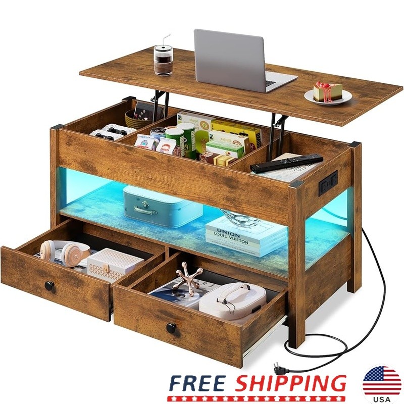 Lift Top Coffee Table W/ RGB LED USB Charging Extra Storage Durable Design