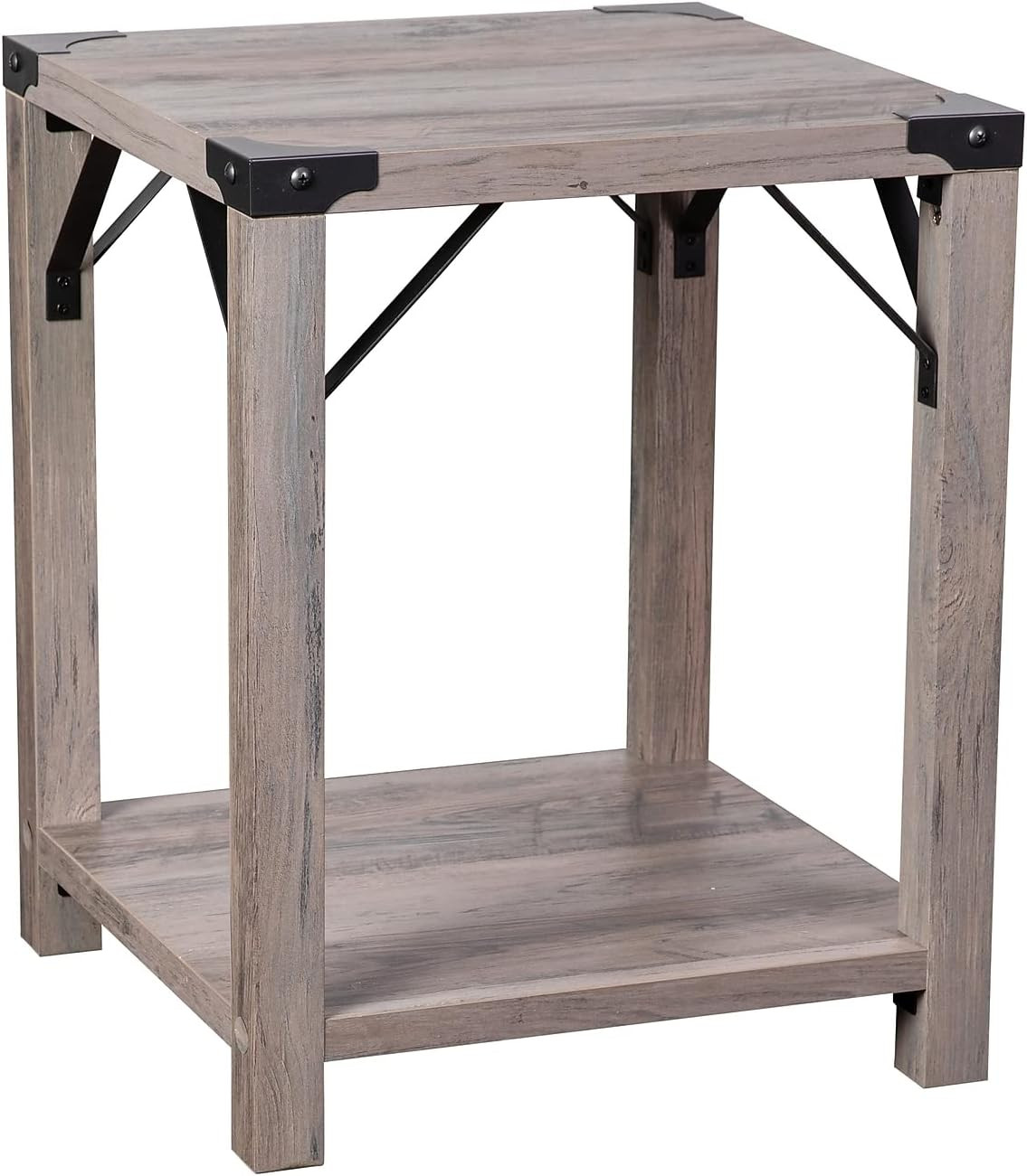 Farmhouse 2-Tier End Table, Gray Wash | Engineered Wood Frame, Black Metal Accen