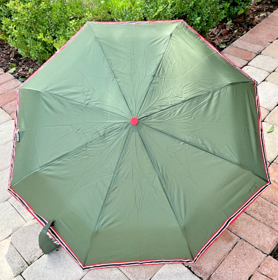 HUNTER UMBRELLA GREEN RED STRIPES WITH COVER 100% POLYESTER  NWT