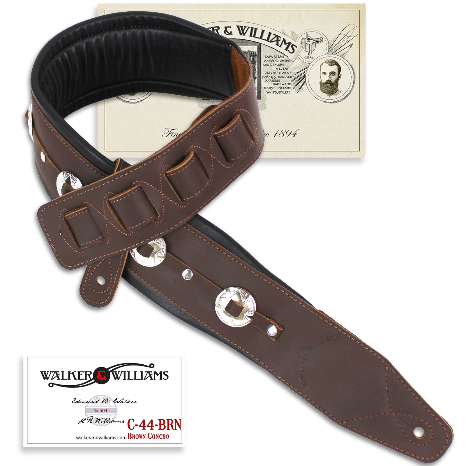 Walker & Williams C-44-BRN Padded Matte Brown Premium Leather Strap w/Conchos
