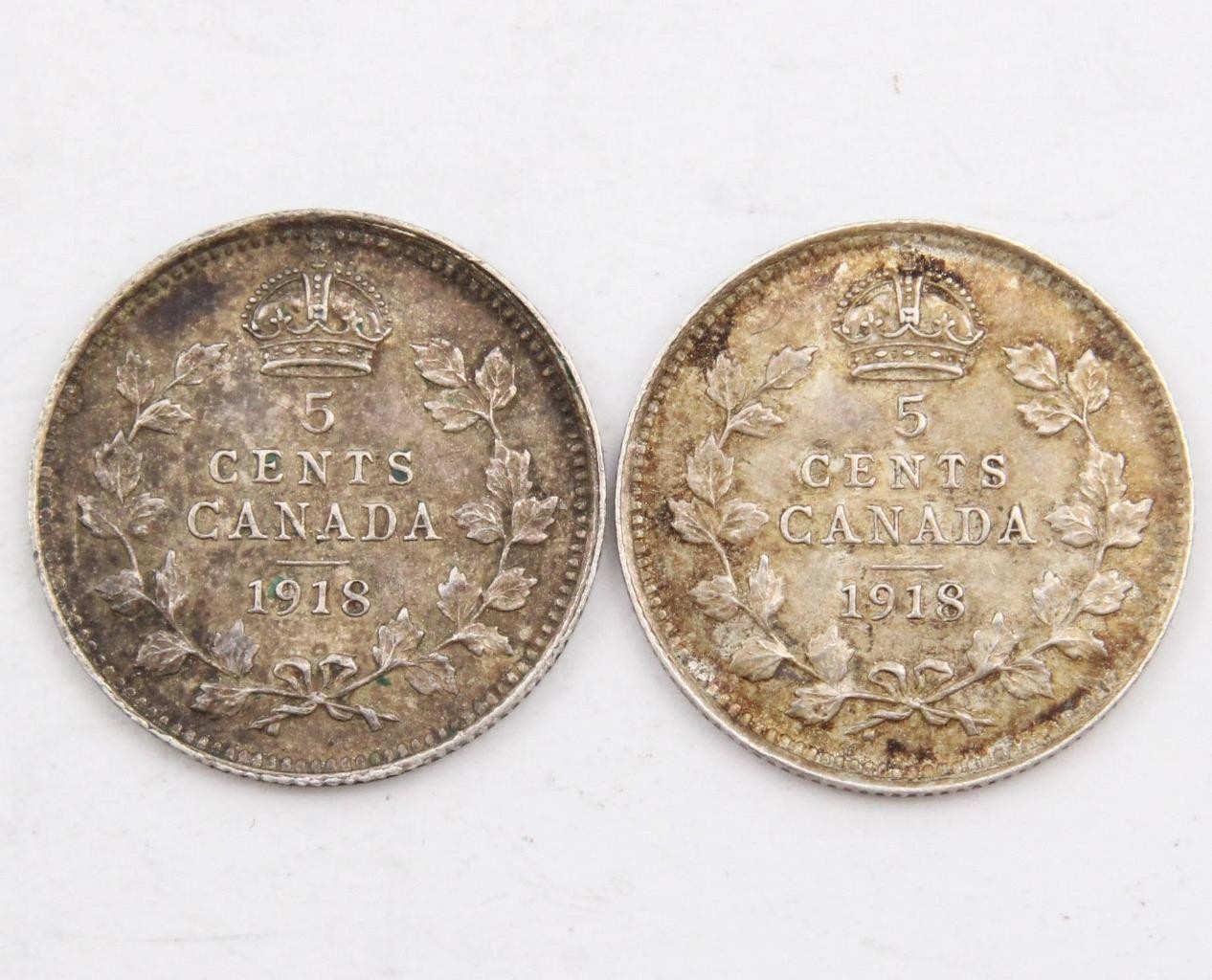 2X 1918 Canada 5 cents silver coins EF or better