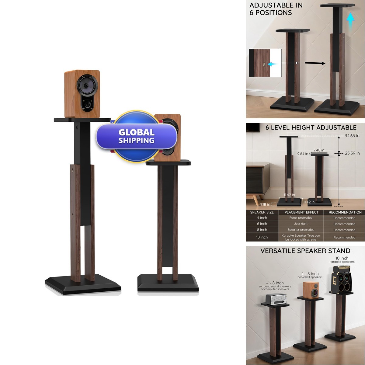 Vrietina Wood Speaker Stands Pair, 25'' to 34'' Height Adjustable