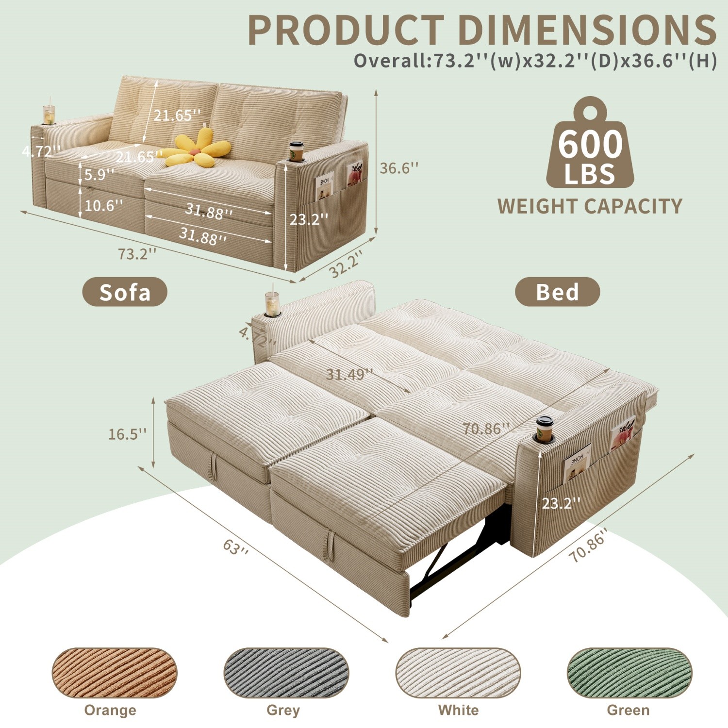 Modern Reclining Loveseat 2-in-1 Folding Sofa Bed w/ Cup Holders for Small Space
