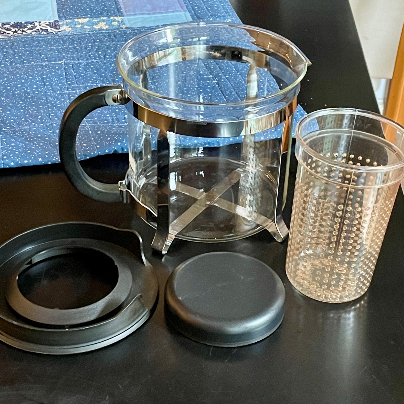 BODUM 8 Cup Glass Tea Pot Diffuser Black Acrylic Top Handle