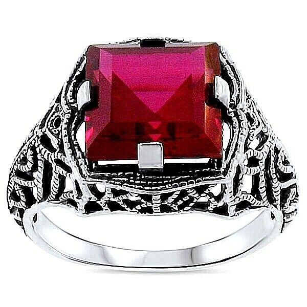 DECO ANTIQUE STYLE 925 STERLING SILVER 5 CT LAB-CREATED RUBY FILIGREE RING #109