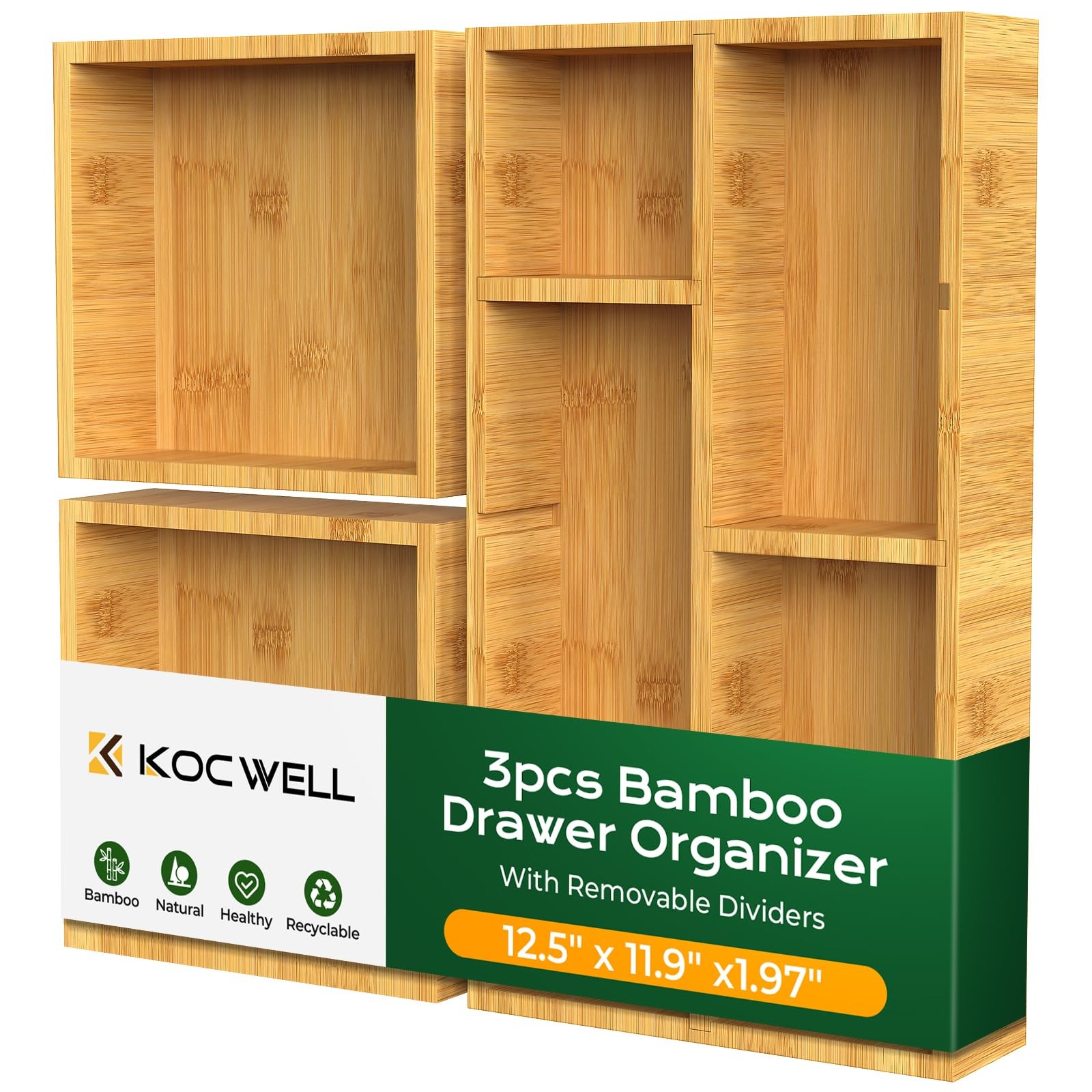 Drawer Organizer Bamboo Office Desk Storage Dividers Home Organization 12x11in