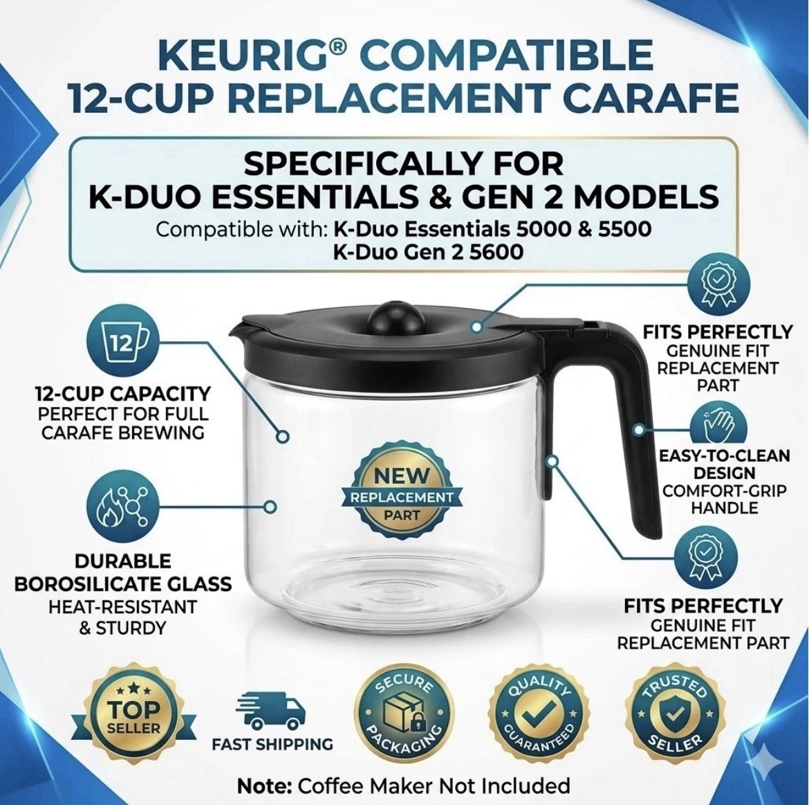 Keurig K‑Duo Essentials Replacement Carafe – 12‑Cup Glass Coffee Pot
