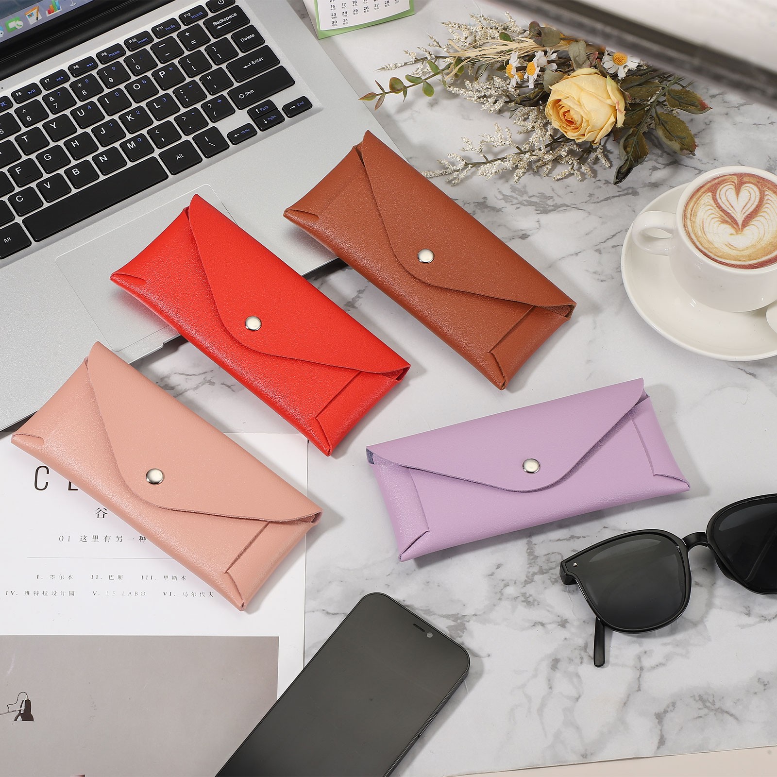 Leather Glasses Case Holder with Button and Cleaning Cloth (Grey)