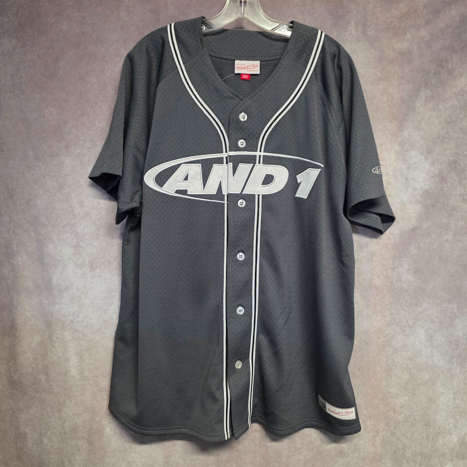 NWOT Mitchell & Ness x AND1 Mixtape Button Up Gray Baseball Jersey Mens 44 L