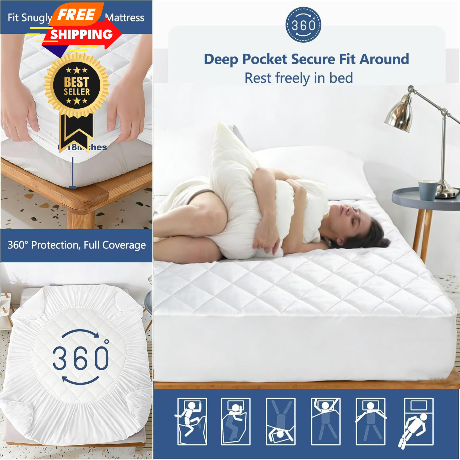 Twin Size Quilted Fitted Mattress Pad, Waterproof Twin, Pattern-2-white