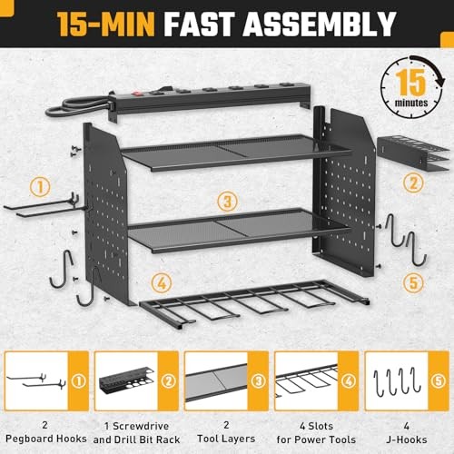 Power Tool Organizer Wall Mount, 3 Layer Charging Station with 6 Black