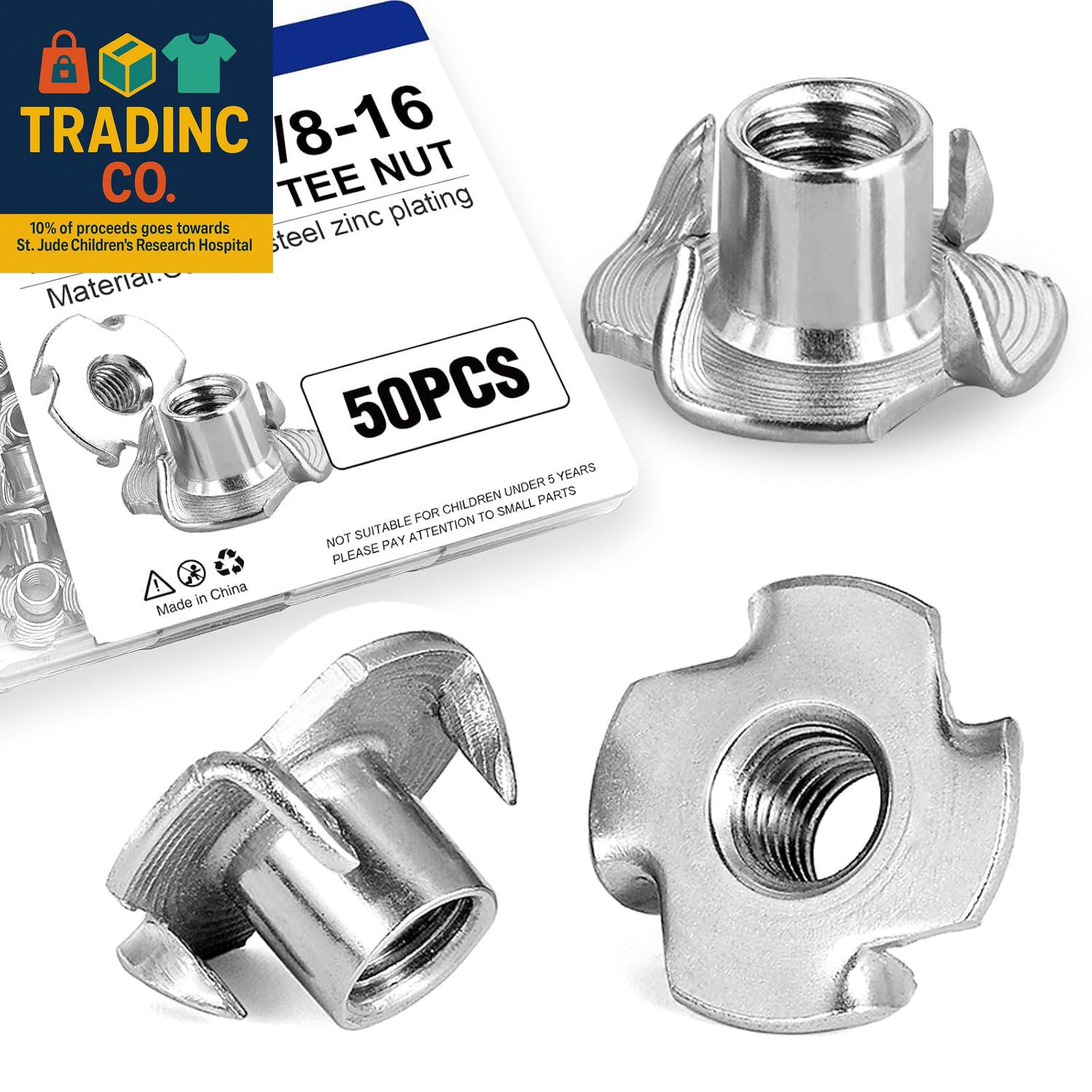 50 Pack 3/8"-16 T Nuts for Wood, Zinc-Plated Carbon Steel 4-Prong Tee Nuts for F