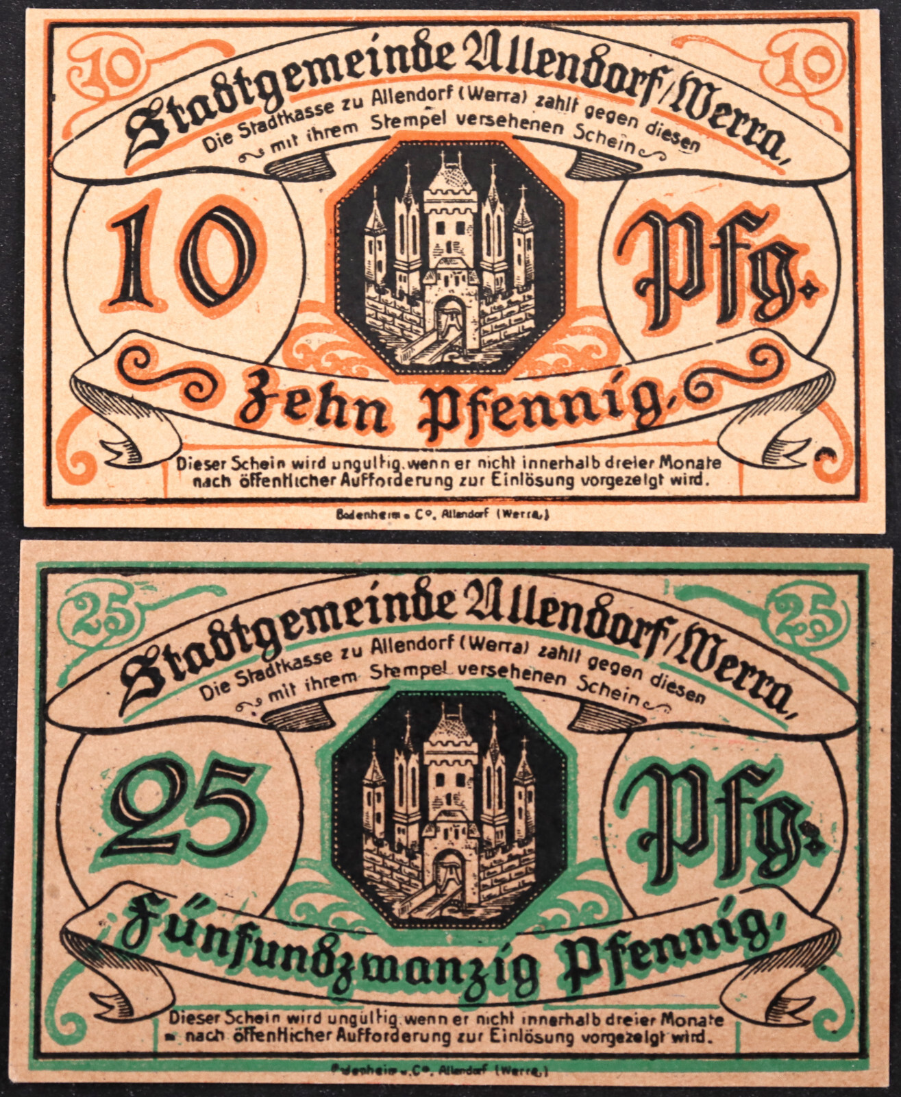 ALLENDORF 1921 Complete Set w/red stamp on reverse German Notgeld