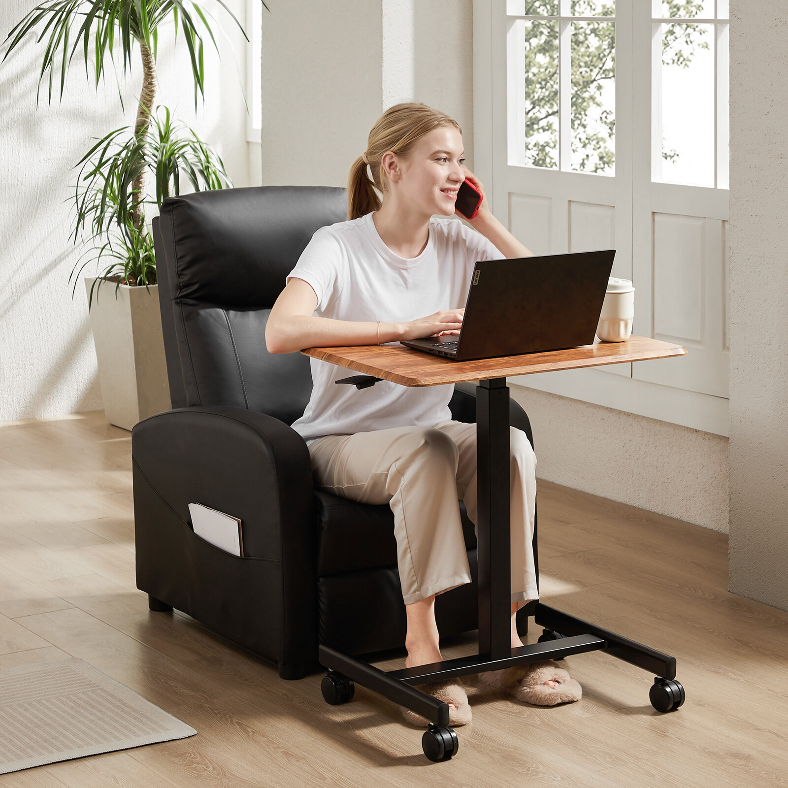 Mobile Small Standing Portable Rolling Laptop Sit Stand Desk with Lockable Wheel