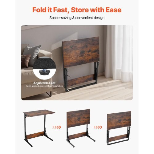 C Table, Folding C Shaped End Table with Metal Frame & Adjustable Feet, Foldabl